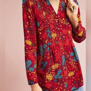 Anthropologie Maeve Floral Pintucked Button Blouse Size S Red Tab Sleeve V Neck